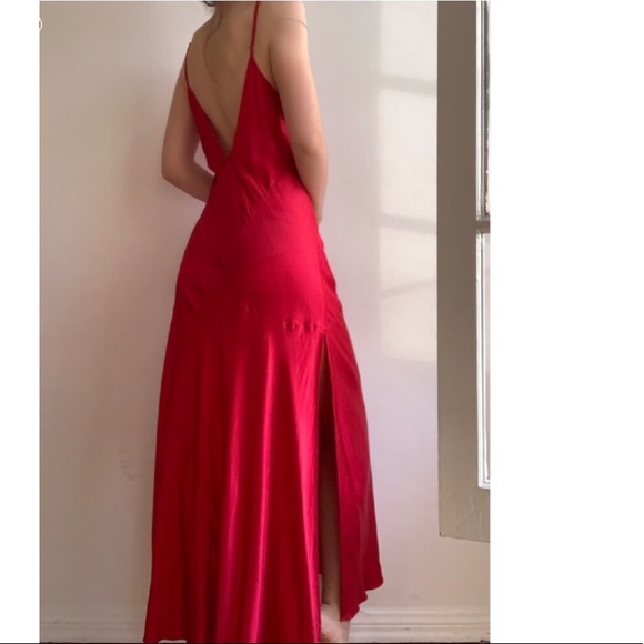 Vintage 90s 100% Silk Slip Dress Crimson Red High Slit Silk Dress Backless Bella - Picture 4 of 16